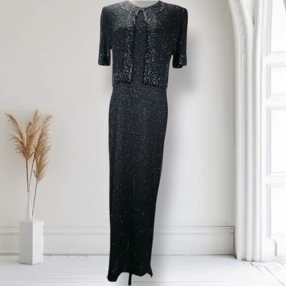 Vintage Beaded Silk Evening Gown Set Black Dress Jacket Size L Formal Gala - Picture 2 of 11